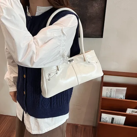 Vintage Glossy PU Leather Underarm Bag For Women Rivet Metal Buckle Shoulder Bag Minimalist Solid Color Fashion Handbag