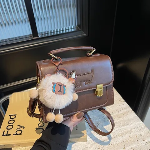 Women's Fashion PU Leather Small Square Bag Vintage Dachshund Embroidery Shoulder Crossbody Bag With Plush Pendant Casual Satchel