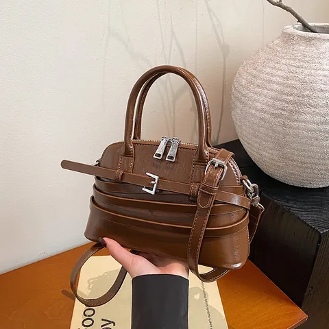Vintage Women Shell Bag PU Leather Crossbody Bag Casual Solid Color Handbag With Decorative Belt Buckle Shoulder Bag