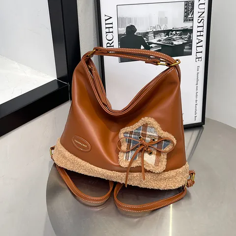 Damen Vintage PU Leder Schultertasche Mit Lammwollimitat Patchwork Karo Stern Deko Große Kapazität Tote Rucksack Henkeltasche