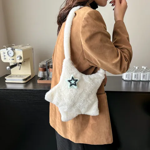 Damen Mode Plüsch Sternform Umhängetasche Niedliche Kunstpelz Fünfzackiger Stern Schultertasche Winter Weich Pelzig Tasche