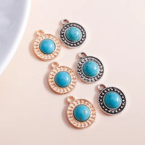 Boheems Legering Turkoois Rond Hangers Voor DIY Sieraden Maken Bevindingen Vintage Etnisch Goud Zilver Verguld Emaille Charms Alleen Hanger (Zonder Ketting) Vrouwen Accessoires
