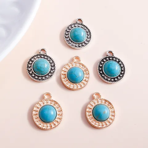 Boheems Legering Turkoois Rond Hangers Voor DIY Sieraden Maken Bevindingen Vintage Etnisch Goud Zilver Verguld Emaille Charms Alleen Hanger (Zonder Ketting) Vrouwen Accessoires