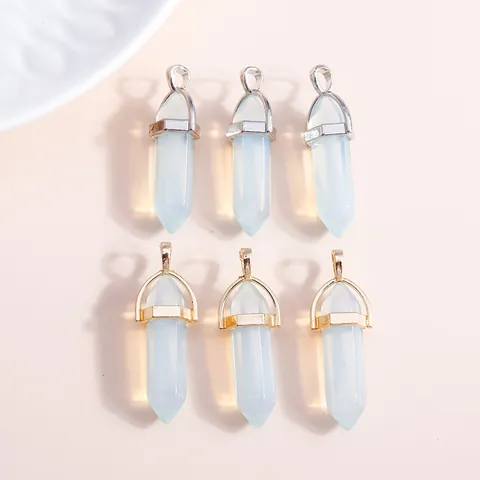 Hexagonal Point Synthetic Opal Pendant Gold Silver Plated Alloy Double Pointed Bullet Crystal Pendant For DIY Jewelry Making