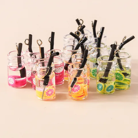 Simulation Fruit Milk Tea Cup Pendants Resin Plastic DIY Jewelry Accessories Pitaya Lemon Drink Keychain Pendant Charms