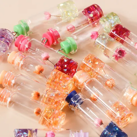 Cylindrical Transparent Glass Drifting Bottle Pendant With Simulation Eternal Flower And Resin Stopper For DIY Jewelry Making