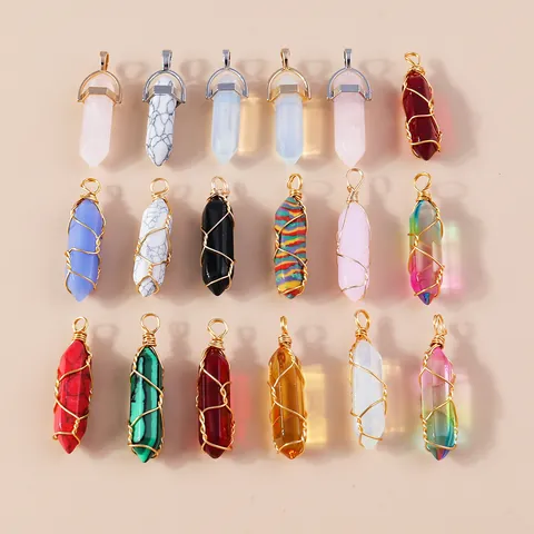 Zeshoekige Kolom Kristal Steen Hanger Set Draadomwikkeld Kogelpunt Kwarts Edelsteen Charms Voor DIY Ketting Sieraden Maken Accessoires