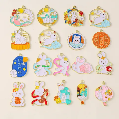 Alloy Enamel Rabbit Mooncake Pendants For DIY Jewelry Making Mid-Autumn Festival Cute Lantern Chang'e Theme Accessories