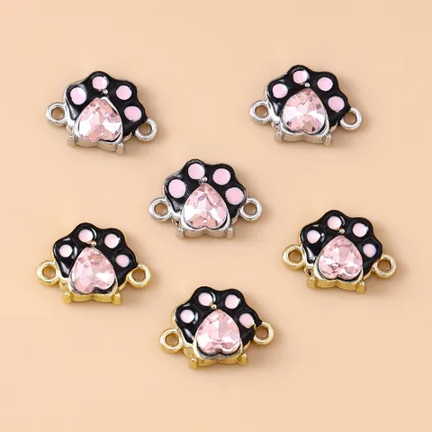 Dijes de Pata de Gato Corazón de Aleación con Strass Rosa Conectores de Esmalte de Huella de Animal para Hacer Joyas DIY Pulseras