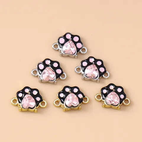 Dijes de Pata de Gato Corazón de Aleación con Strass Rosa Conectores de Esmalte de Huella de Animal para Hacer Joyas DIY Pulseras