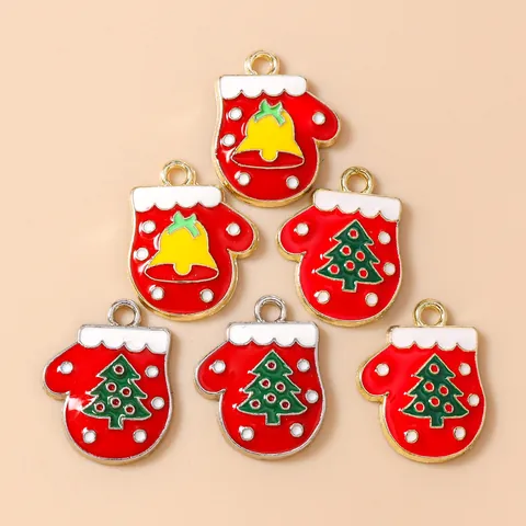 Alloy Enamel Christmas Mitten Pendants Red Glove Charms With Bell Tree Pattern For DIY Jewelry Making Necklace Accessories