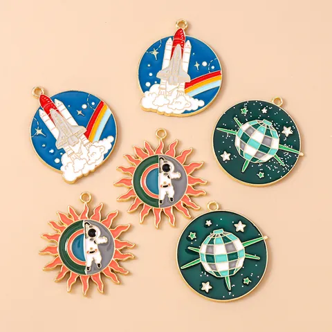 Space Theme Zinc Alloy Enamel Pendants For Jewelry Making DIY Earrings Necklace Astronaut Space Shuttle Disco Ball Charms