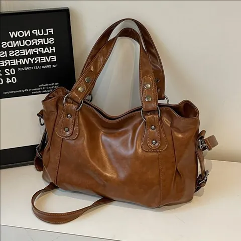 Bolso Tote de Gran Capacidad para Mujer de Cuero PU Vintage con Remaches Bolso de Hombro para Trabajo y Compras