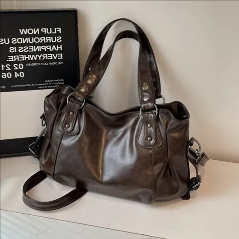 Bolso Tote de Gran Capacidad para Mujer de Cuero PU Vintage con Remaches Bolso de Hombro para Trabajo y Compras