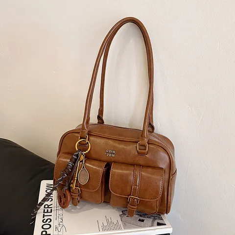 Vintage PU Leather Boston Shoulder Bag Retro Double Pocket Underarm Bag With Pendant Commuter Handbag For Women