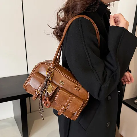 Vintage PU Leather Boston Shoulder Bag Retro Double Pocket Underarm Bag With Pendant Commuter Handbag For Women