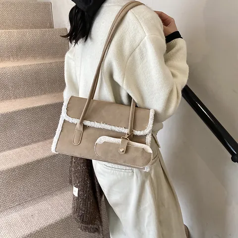 Bolso de Axila Retro de Cuero PU para Mujer Borde de Peluche Color Sólido Bolso de Hombro Con Mini Bolsa Casual Moda