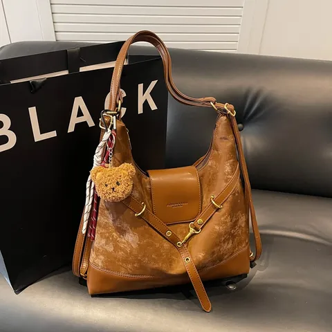Vintage Μεγάλη Χωρητικότητα Suede Patchwork Tote Bag Για Γυναίκες Ρετρό Τσάντα Ώμου Με Μενταγιόν Αρκουδάκι