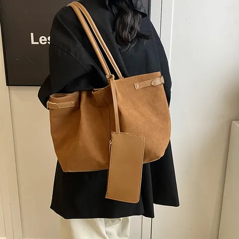 Dames Retro Gematteerd PU Suede Textuur Grote Capaciteit Tote Bag Minimalistische Schoudertas Met Mini Pouch Tassenset