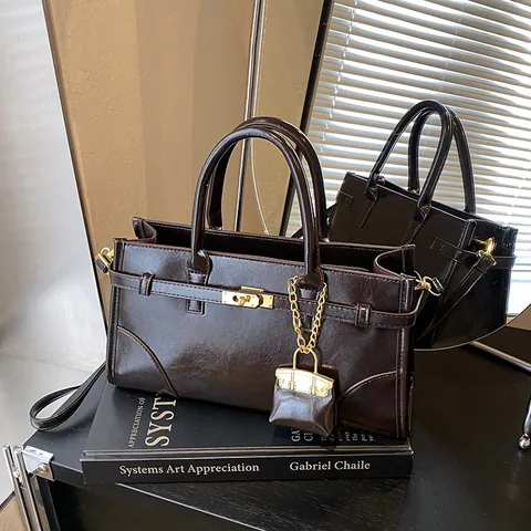 Women Retro Shiny PU Leather Shoulder Bag Large Capacity Tote With Padlock And Mini Charm Fashion Minimalist Underarm Handbag