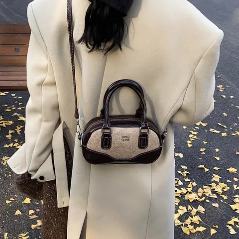 Vintage Contrast Color PU Leather Denim Bowling Bag For Women Trendy Patchwork Shoulder Crossbody Bag Retro Boston Handbag