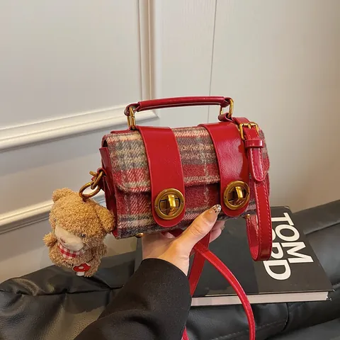 Bolso Bandolera de Tweed de Lana a Cuadros Retro para Mujer Con Hebilla de Metal Llavero de Oso Bolso de Mano Cuadrado Pequeño
