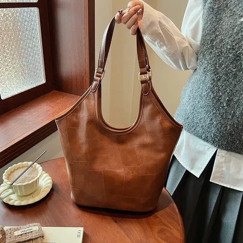 Vintage Large Capacity Tote Bag Women PU Leather Geometric Patchwork Shoulder Bag Casual Office Handbag Daily Shopper Bag