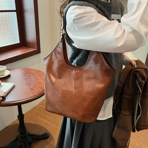 Vintage Large Capacity Tote Bag Women PU Leather Geometric Patchwork Shoulder Bag Casual Office Handbag Daily Shopper Bag