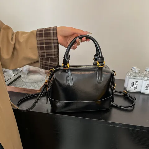 Bolso Boston Vintage para Mujer Gran Capacidad Cuir PU Brillante Bolso de Mano Correa Ajustable Costuras en Contraste Bolso Bandolera