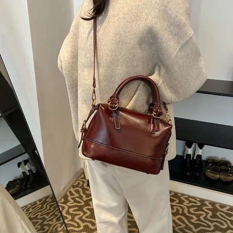 Bolso Boston Vintage para Mujer Gran Capacidad Cuir PU Brillante Bolso de Mano Correa Ajustable Costuras en Contraste Bolso Bandolera