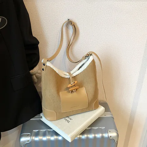 Dames Vintage Corduroy Tote Tas Fleece Patchwork Schoudertas Met Houtje-touwtjesluiting Herfst Winter Mode Casual Handtas