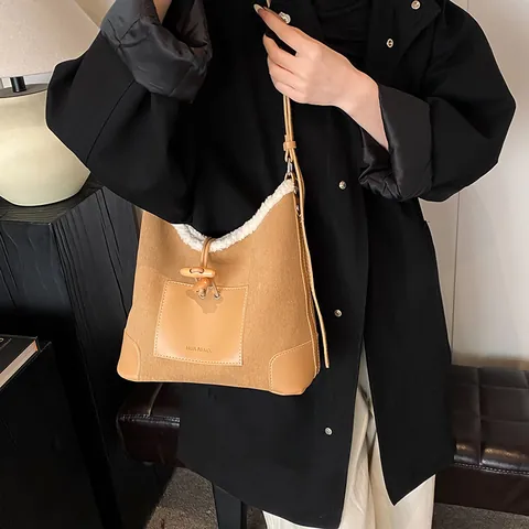 Dames Vintage Corduroy Tote Tas Fleece Patchwork Schoudertas Met Houtje-touwtjesluiting Herfst Winter Mode Casual Handtas