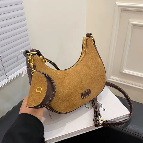 Vintage Women Suede Crescent Hobo Bag Minimalist PU Leather Shoulder Crossbody Bag With Detachable Mini Round Pouch Decorative Metal Letter Charm
