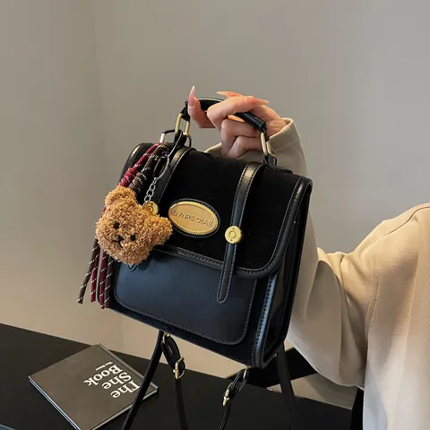 Women Retro Stitched PU Leather Backpack Multi-Functional Shoulder Bag Handbag With Plush Bear Pendant Gold Hardware Color Block Fashion Daypack