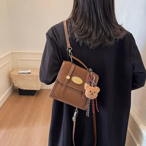 Women Retro Stitched PU Leather Backpack Multi-Functional Shoulder Bag Handbag With Plush Bear Pendant Gold Hardware Color Block Fashion Daypack