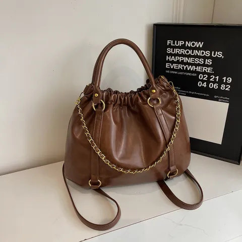 Sac à Épaule en Cuir PU Plissé pour Femmes Rétro Sac à Main Grande Capacité Avec Chaîne Dorée Sac Bandoulière Bureau