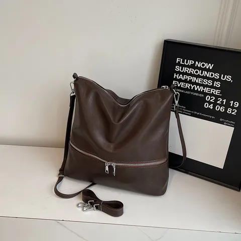 Borsa Tote in Pelle PU Vintage Grande Capacità Borsa Hobo Morbida Con Decorazione Doppia Cerniera Argento Borsa a Spalla