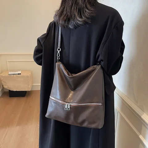 Borsa Tote in Pelle PU Vintage Grande Capacità Borsa Hobo Morbida Con Decorazione Doppia Cerniera Argento Borsa a Spalla