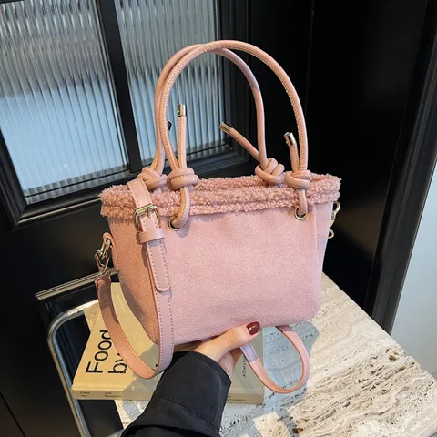 Vintage Mattleder PU Beuteltasche Damen Kunstlammwolle Besatz Umhängetasche Mit Griff Elegante Herbst Winter Schultertasche