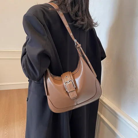 Bolso de Axila Hobo Vintage para Mujer de Cuero de PU Color Sólido Bolso de Hombro Con Correa Ajustable Hebilla de Metal