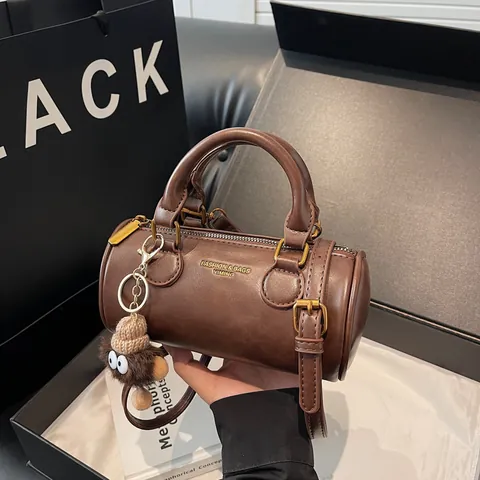 Retro PU Leather Cylinder Crossbody Bag For Women Fashion Handbag With Plush Pendant Urban Minimalist Solid Color Small Bag