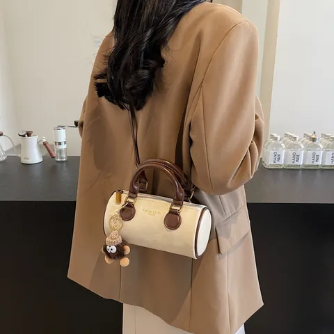 Retro PU Leather Cylinder Crossbody Bag For Women Fashion Handbag With Plush Pendant Urban Minimalist Solid Color Small Bag