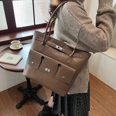 Damen Große Kapazität PU Leder Tote Bag Mit Metallschloss Professionelle Pendler Multi-taschen Umhängetasche