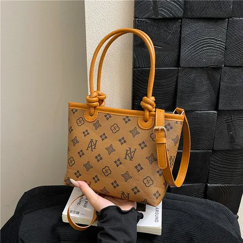 Vintage Monogramm PU Leder Eimertasche Für Damen Kontrastfarbe Tote Bag Mit Knotengriff Kleine Umhängetasche Schultertasche Handtasche