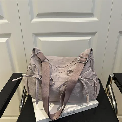 Borsa a Spalla da Donna con Fiocco in Nylon Arricciata Grande Capacità Borsa a Tracolla Casual Versatile Hobo Tote da Viaggio