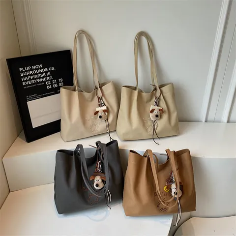Women Large Capacity Canvas Tote Bag Letter Embroidery Shoulder Bag With Plush Dog Charm Casual Urban Daily Handbag