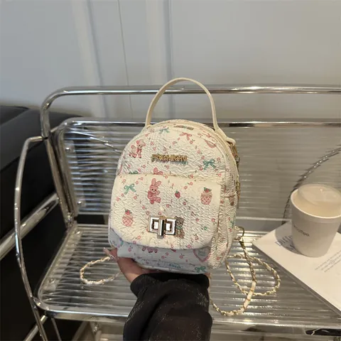 Cute Women Mini Backpack Cartoon Bear Rabbit Print Textured PU Leather Crossbody Bag Gold Chain Strap Twist Lock Handbag