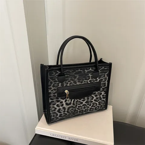 Bolso Tote con Estampado de Leopardo para Mujer Bolso de Mano de Cuero Sintético con Bloques de Color Correa Ajustable y Bolsillo con Cremallera