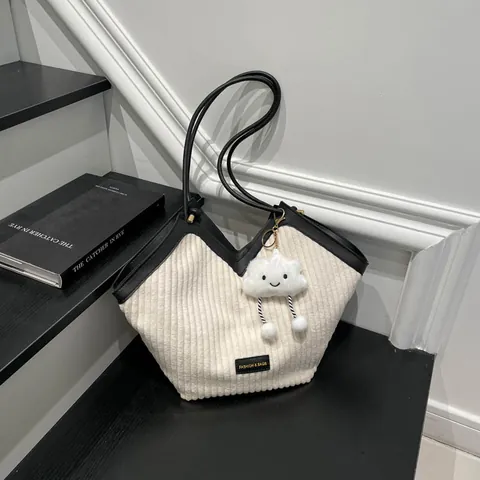 Women Corduroy Tote Bag Contrast Color V Opening Shoulder Bag With Cloud Plush Pendant Casual Shopping Underarm Bag