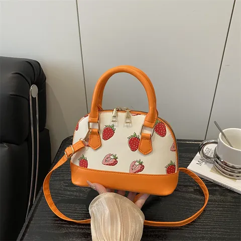 Women Sweet Strawberry Print Shell Handbag PU Leather Contrast Color Shoulder Crossbody Bag Mini Top Handle Satchel For Daily Outing